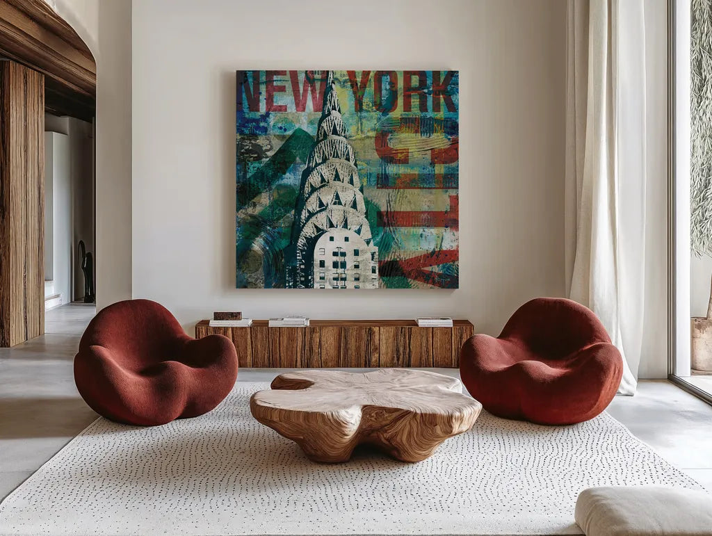 NY Graffiti II by Roque Silva. Shown as extra-large giant wall art in a modern living room. Available as an archival giclee rolled canvas, fine art paper, or poster print. SKU 14910a.