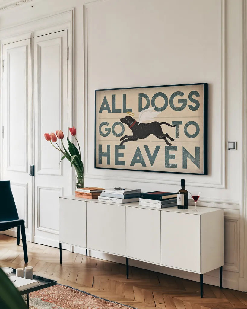 All Dogs Go to Heaven I by Ryan Fowler. shown as a framed stretched canvas in a living room above a console. Available as a archival giclee rolled canvas, fine art paper, or poster print. SKU 25083i.