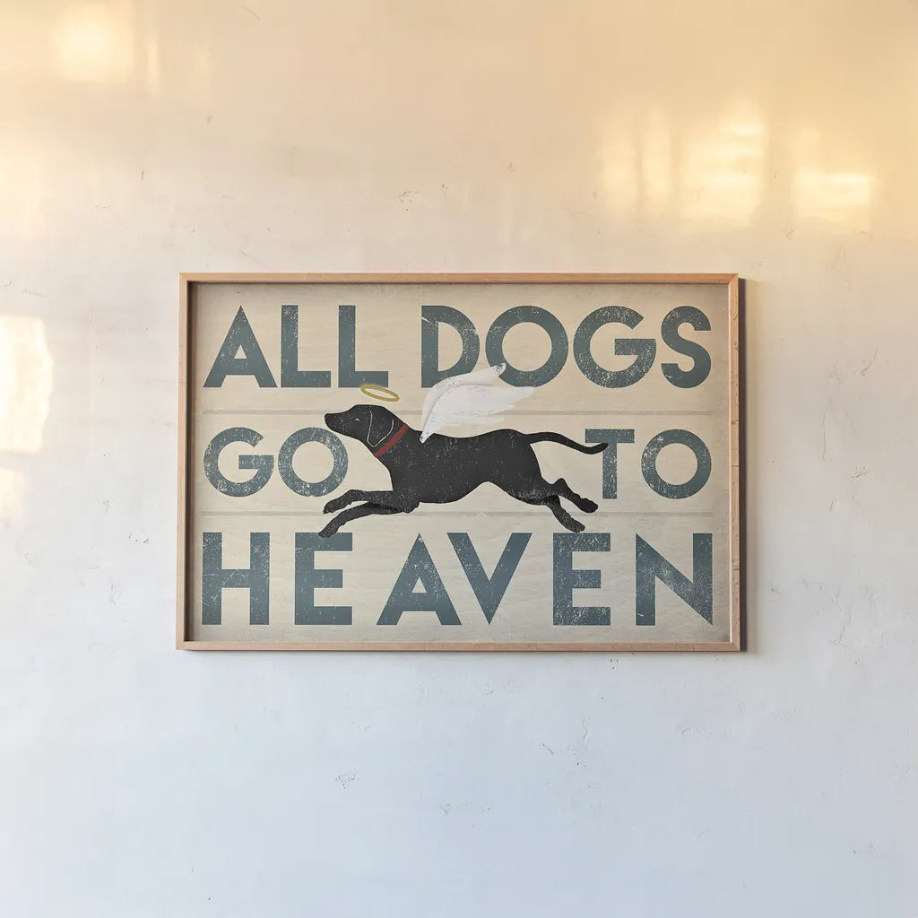 All Dogs Go to Heaven I by Ryan Fowler. shown as a paper print in a natural frame. Available as a archival giclee rolled canvas, fine art paper, or poster print. SKU 25083i.
