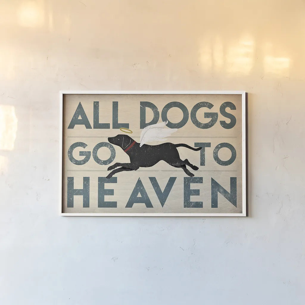 All Dogs Go to Heaven I by Ryan Fowler. shown as a paper print in a white frame. Available as a archival giclee rolled canvas, fine art paper, or poster print. SKU 25083i.