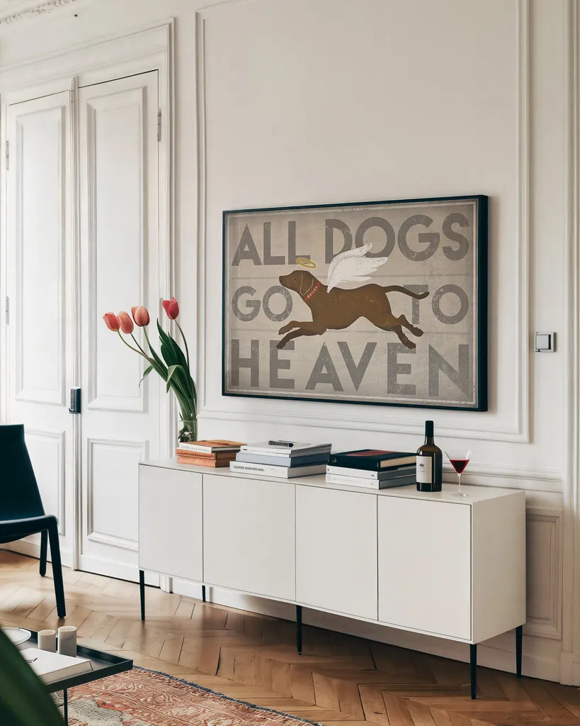 All Dogs Go to Heaven II by Ryan Fowler. shown as a framed stretched canvas in a living room above a console. Available as a archival giclee rolled canvas, fine art paper, or poster print. SKU 25084i.