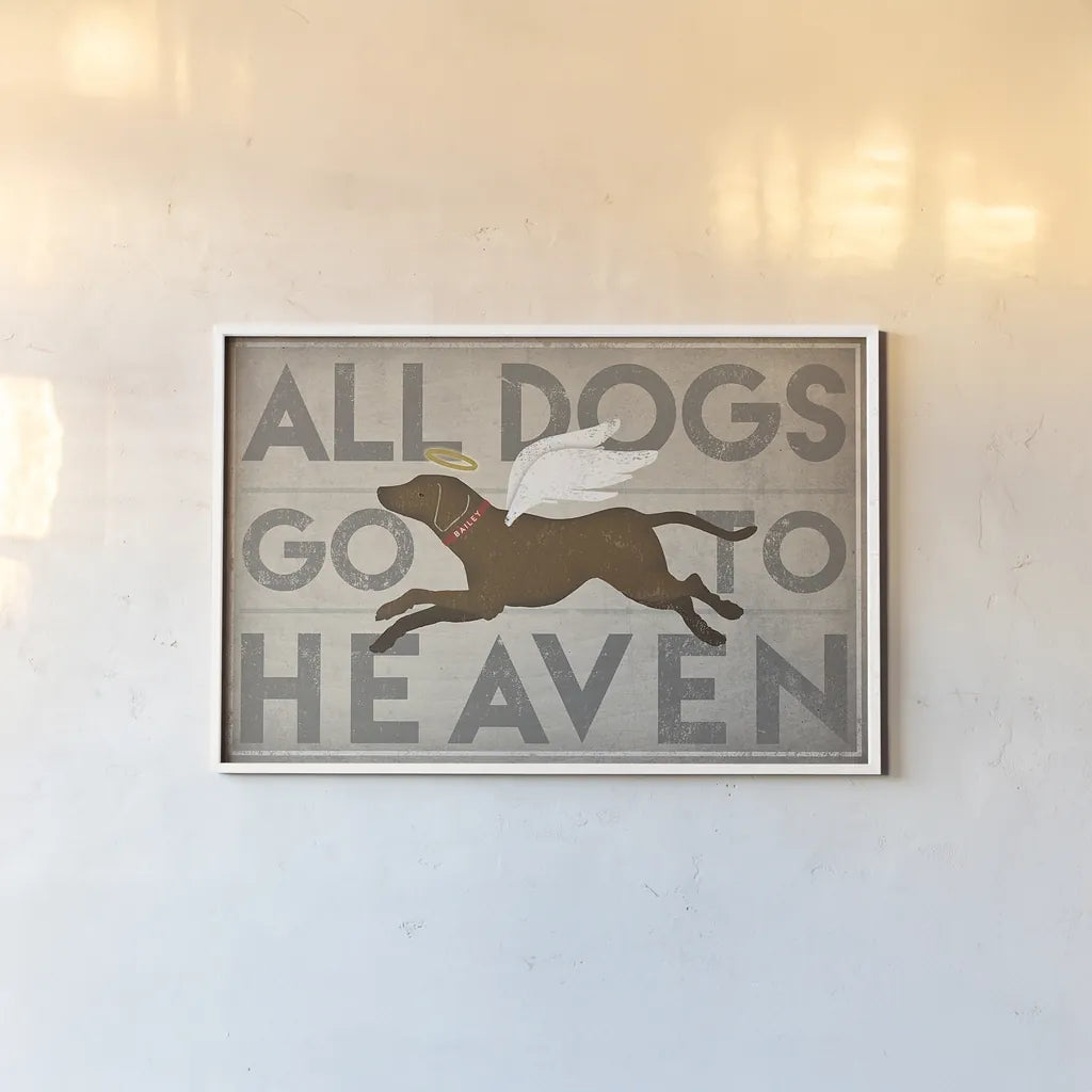 All Dogs Go to Heaven II by Ryan Fowler. shown as a paper print in a white frame. Available as a archival giclee rolled canvas, fine art paper, or poster print. SKU 25084i.