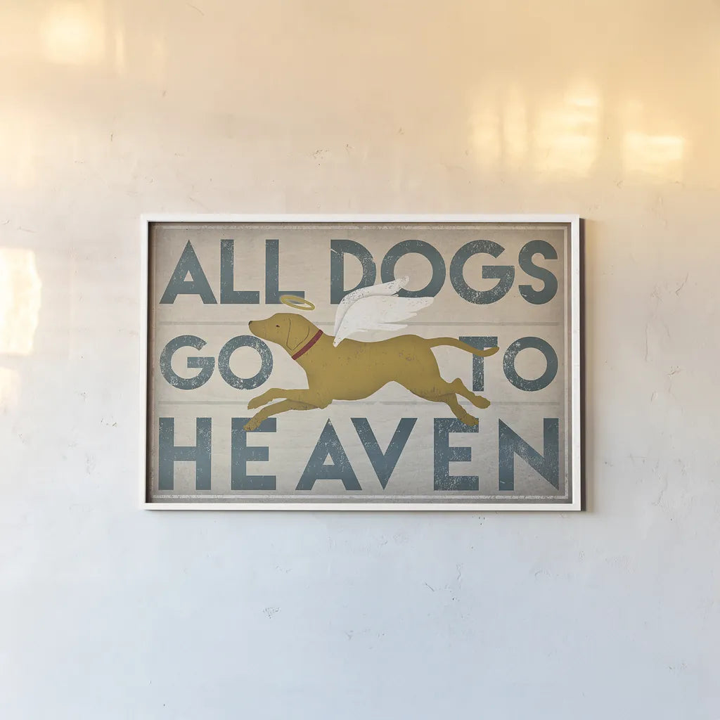 All Dogs Go to Heaven III by Ryan Fowler. shown as a paper print in a white frame. Available as a archival giclee rolled canvas, fine art paper, or poster print. SKU 25085i.