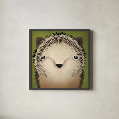 Baby Hedgehog by Ryan Fowler. Shown in a sleek black glass frame for a contemporary gallery look. Available as an archival giclee rolled canvas, fine art paper, or poster print. SKU 24549a.