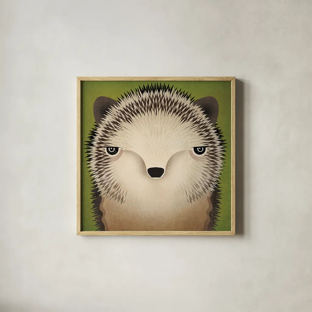 Baby Hedgehog by Ryan Fowler. Shown in a natural wood glass frame for a timeless modern aesthetic. Available as an archival giclee rolled canvas, fine art paper, or poster print. SKU 24549a.