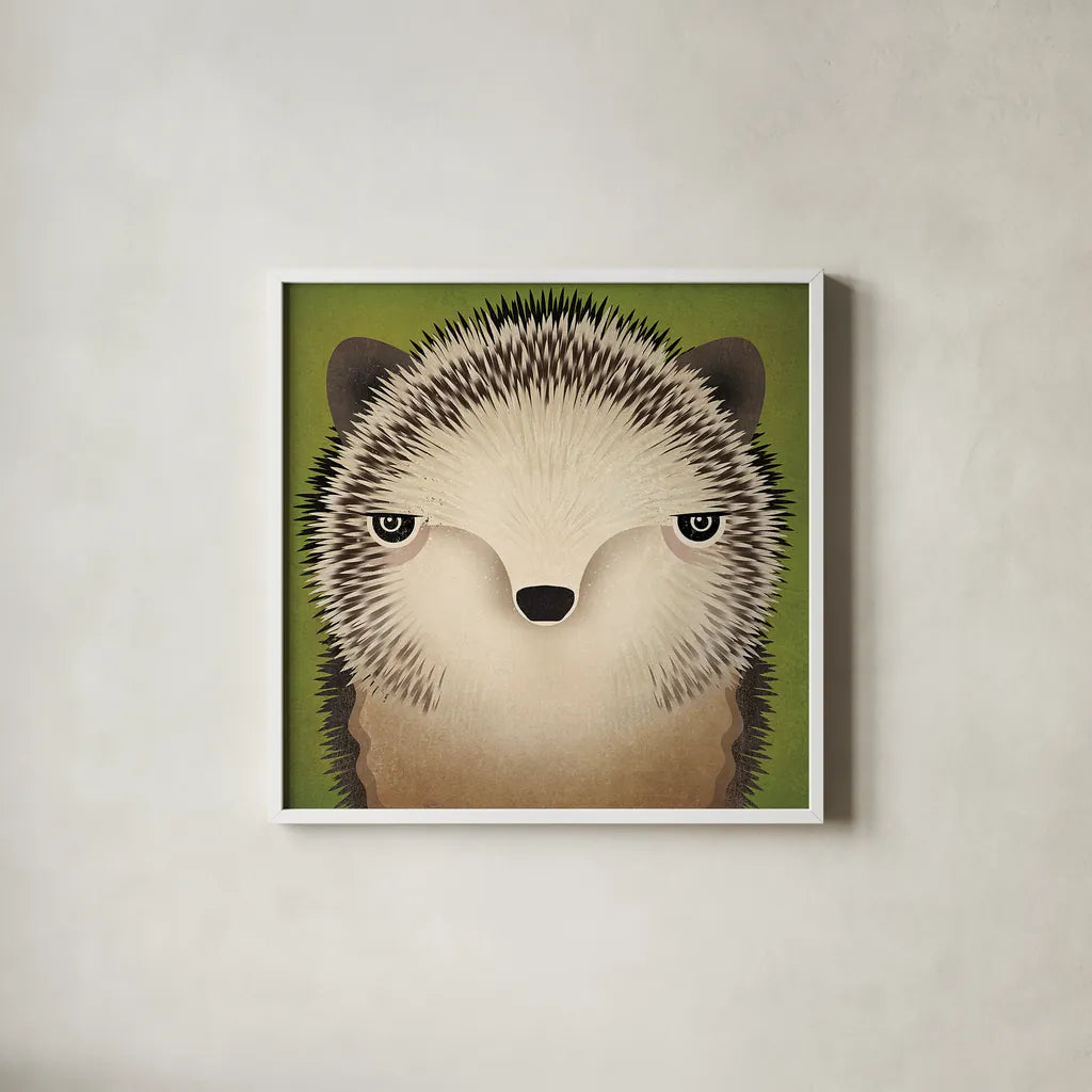 Baby Hedgehog by Ryan Fowler. Shown in a crisp white glass frame for a clean and minimalist style. Available as an archival giclee rolled canvas, fine art paper, or poster print. SKU 24549a.