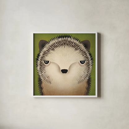 Baby Hedgehog by Ryan Fowler. Shown in a crisp white glass frame for a clean and minimalist style. Available as an archival giclee rolled canvas, fine art paper, or poster print. SKU 24549a.