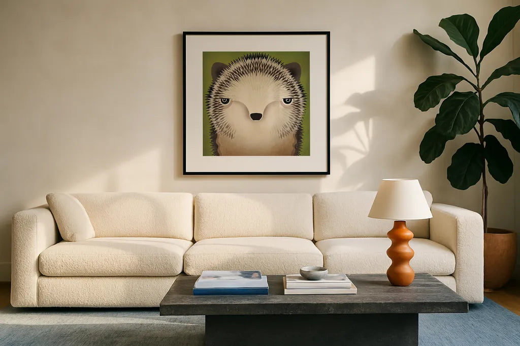 Baby Hedgehog by Ryan Fowler. Displayed in a glass frame with matte in a clean modern living room. Available as an archival giclee rolled canvas, fine art paper, or poster print. SKU 24549a.