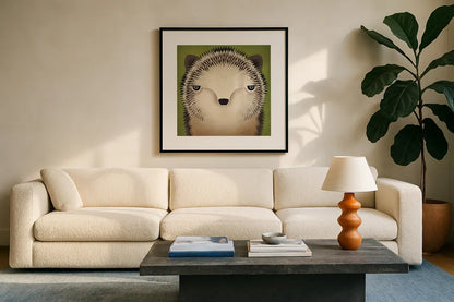 Baby Hedgehog by Ryan Fowler. Displayed in a glass frame with matte in a clean modern living room. Available as an archival giclee rolled canvas, fine art paper, or poster print. SKU 24549a.