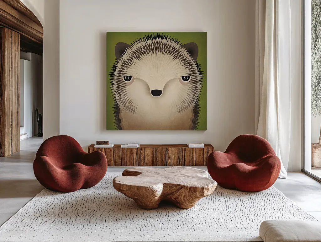 Baby Hedgehog by Ryan Fowler. Shown as extra-large giant wall art in a modern living room. Available as an archival giclee rolled canvas, fine art paper, or poster print. SKU 24549a.