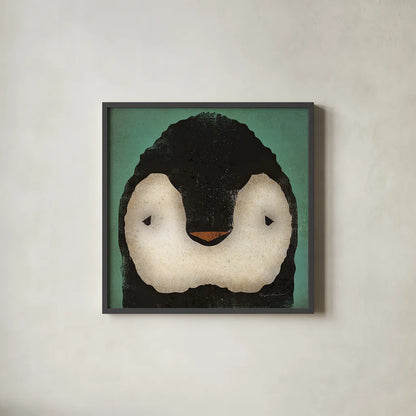 Baby Penguin by Ryan Fowler. Shown in a sleek black glass frame for a contemporary gallery look. Available as an archival giclee rolled canvas, fine art paper, or poster print. SKU 24548a.