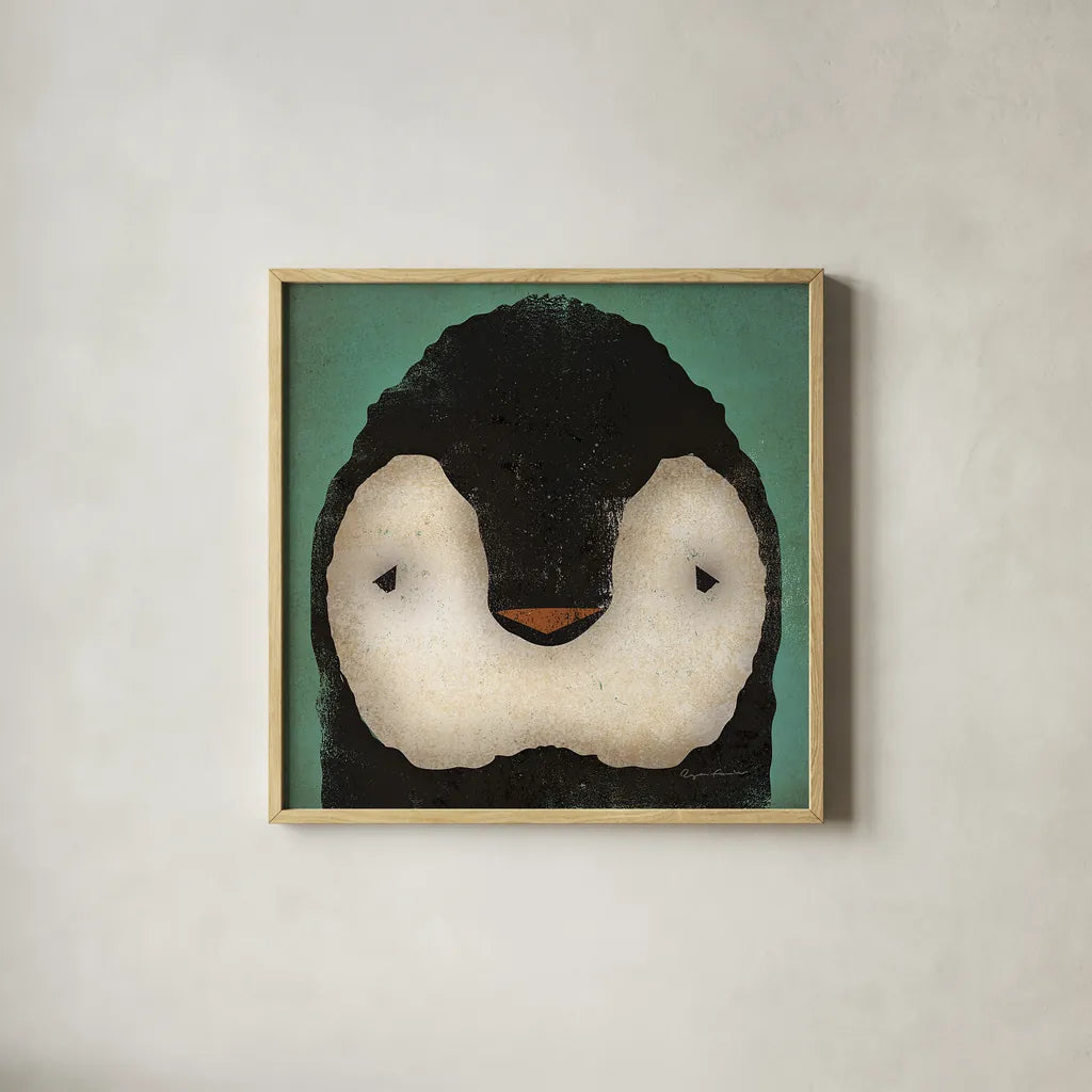 Baby Penguin by Ryan Fowler. Shown in a natural wood glass frame for a timeless modern aesthetic. Available as an archival giclee rolled canvas, fine art paper, or poster print. SKU 24548a.