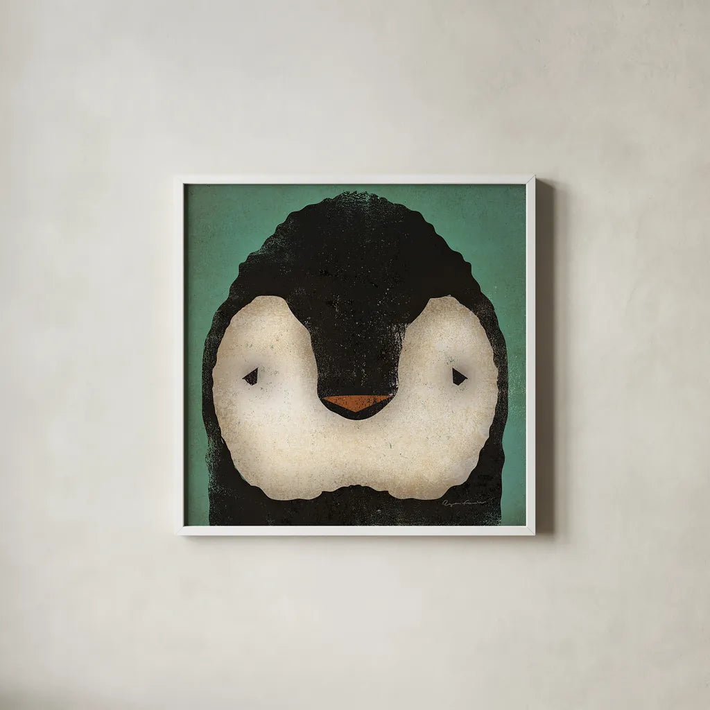 Baby Penguin by Ryan Fowler. Shown in a crisp white glass frame for a clean and minimalist style. Available as an archival giclee rolled canvas, fine art paper, or poster print. SKU 24548a.