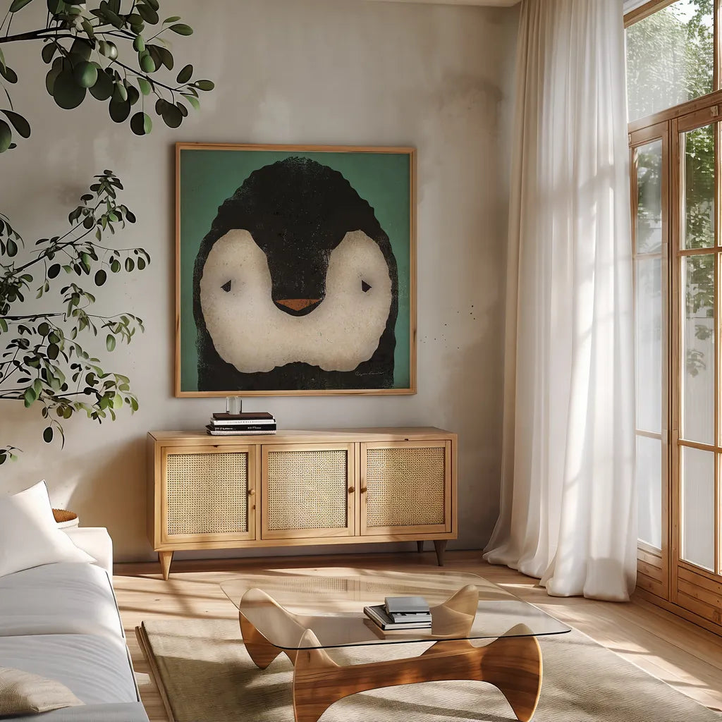 Baby Penguin by Ryan Fowler. Shown in a natural wood frame in a cozy modern living room. Available as an archival giclee rolled canvas, fine art paper, or poster print. SKU 24548a.