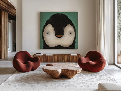 Baby Penguin by Ryan Fowler. Shown as extra-large giant wall art in a modern living room. Available as an archival giclee rolled canvas, fine art paper, or poster print. SKU 24548a.