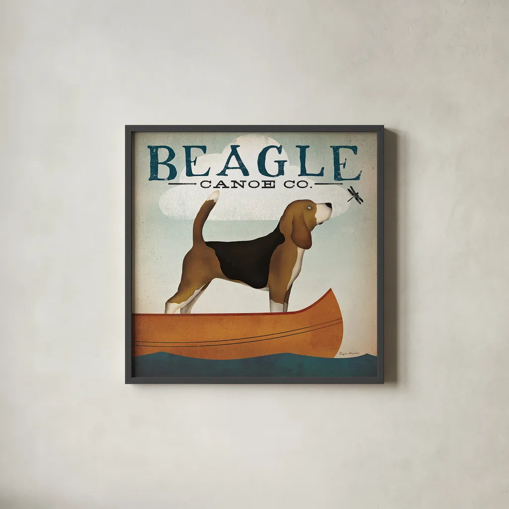 Beagle Canoe Co by Ryan Fowler. Shown in a sleek black glass frame for a contemporary gallery look. Available as an archival giclee rolled canvas, fine art paper, or poster print. SKU 13366a.