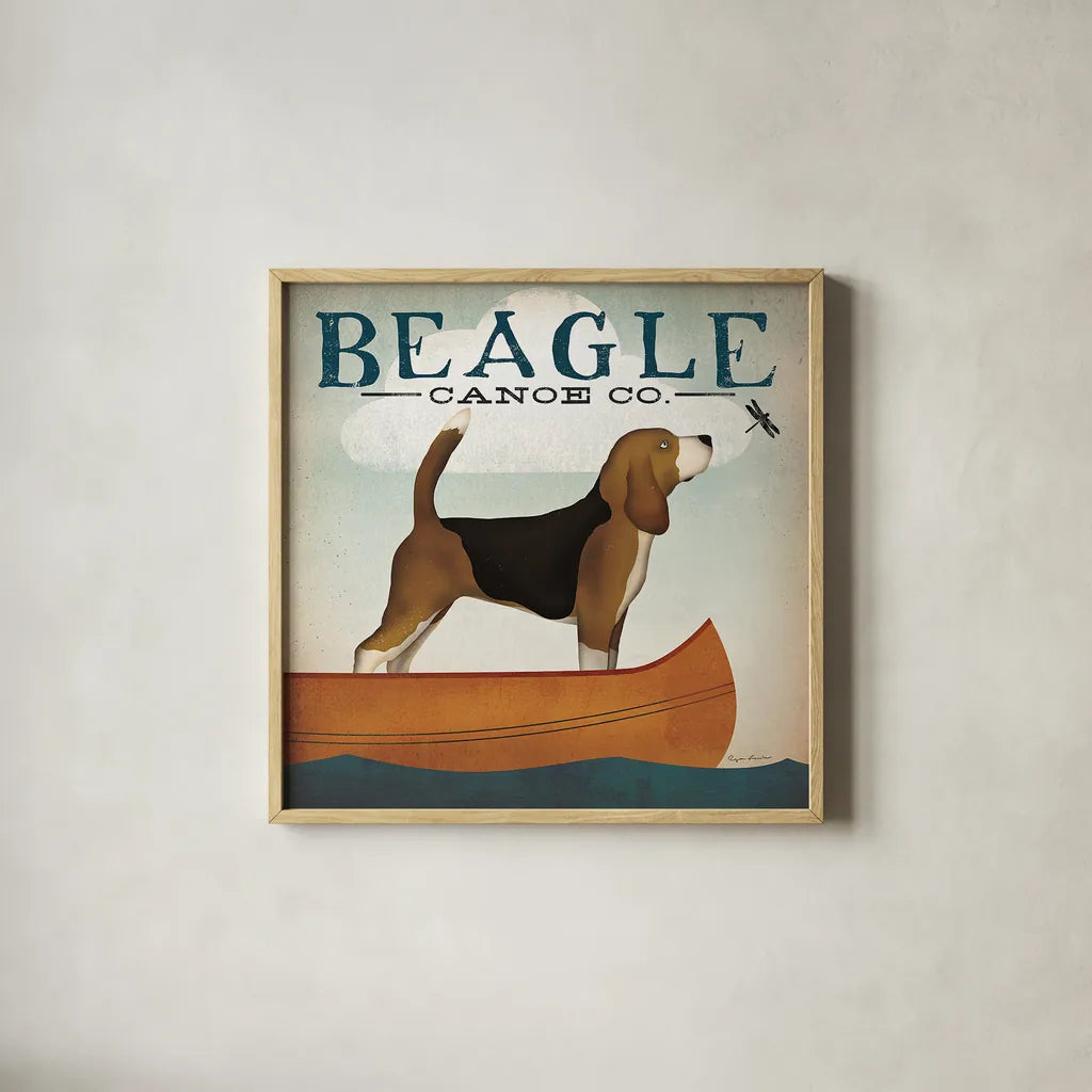Beagle Canoe Co by Ryan Fowler. Shown in a natural wood glass frame for a timeless modern aesthetic. Available as an archival giclee rolled canvas, fine art paper, or poster print. SKU 13366a.