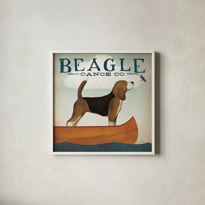 Beagle Canoe Co by Ryan Fowler. Shown in a crisp white glass frame for a clean and minimalist style. Available as an archival giclee rolled canvas, fine art paper, or poster print. SKU 13366a.