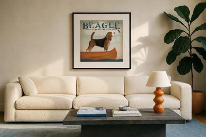 Beagle Canoe Co by Ryan Fowler. Displayed in a glass frame with matte in a clean modern living room. Available as an archival giclee rolled canvas, fine art paper, or poster print. SKU 13366a.