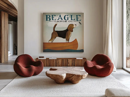 Beagle Canoe Co by Ryan Fowler. Shown as extra-large giant wall art in a modern living room. Available as an archival giclee rolled canvas, fine art paper, or poster print. SKU 13366a.