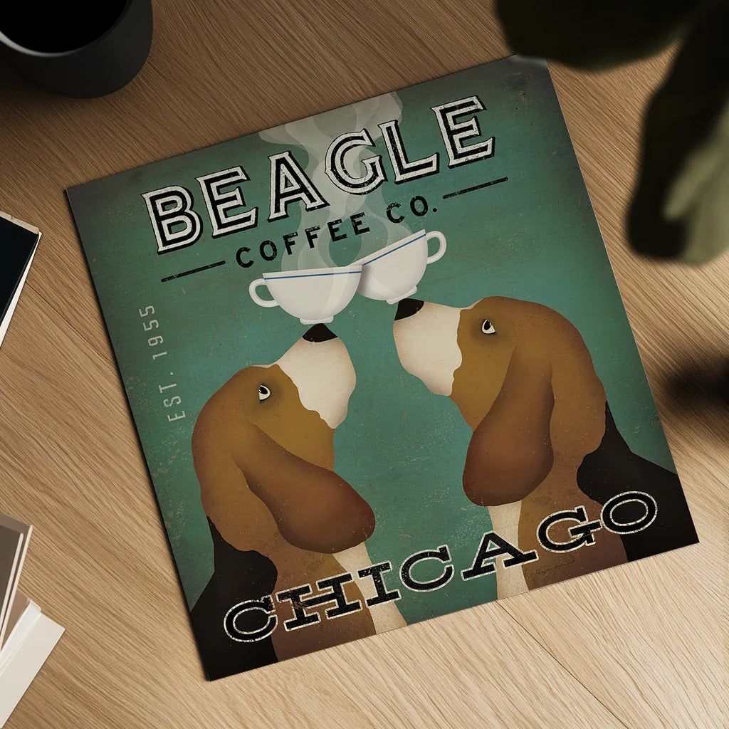 Beagle Coffee Co Chicago by Ryan Fowler. Shown as a detailed flat fine art print, highlighting archival giclee quality. Available as an archival giclee rolled canvas, fine art paper, or poster print. SKU 16239a.