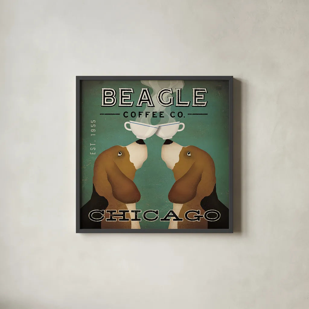 Beagle Coffee Co Chicago by Ryan Fowler. Shown in a sleek black glass frame for a contemporary gallery look. Available as an archival giclee rolled canvas, fine art paper, or poster print. SKU 16239a.