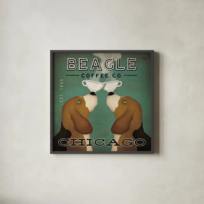Beagle Coffee Co Chicago by Ryan Fowler. Shown in a sleek black glass frame for a contemporary gallery look. Available as an archival giclee rolled canvas, fine art paper, or poster print. SKU 16239a.