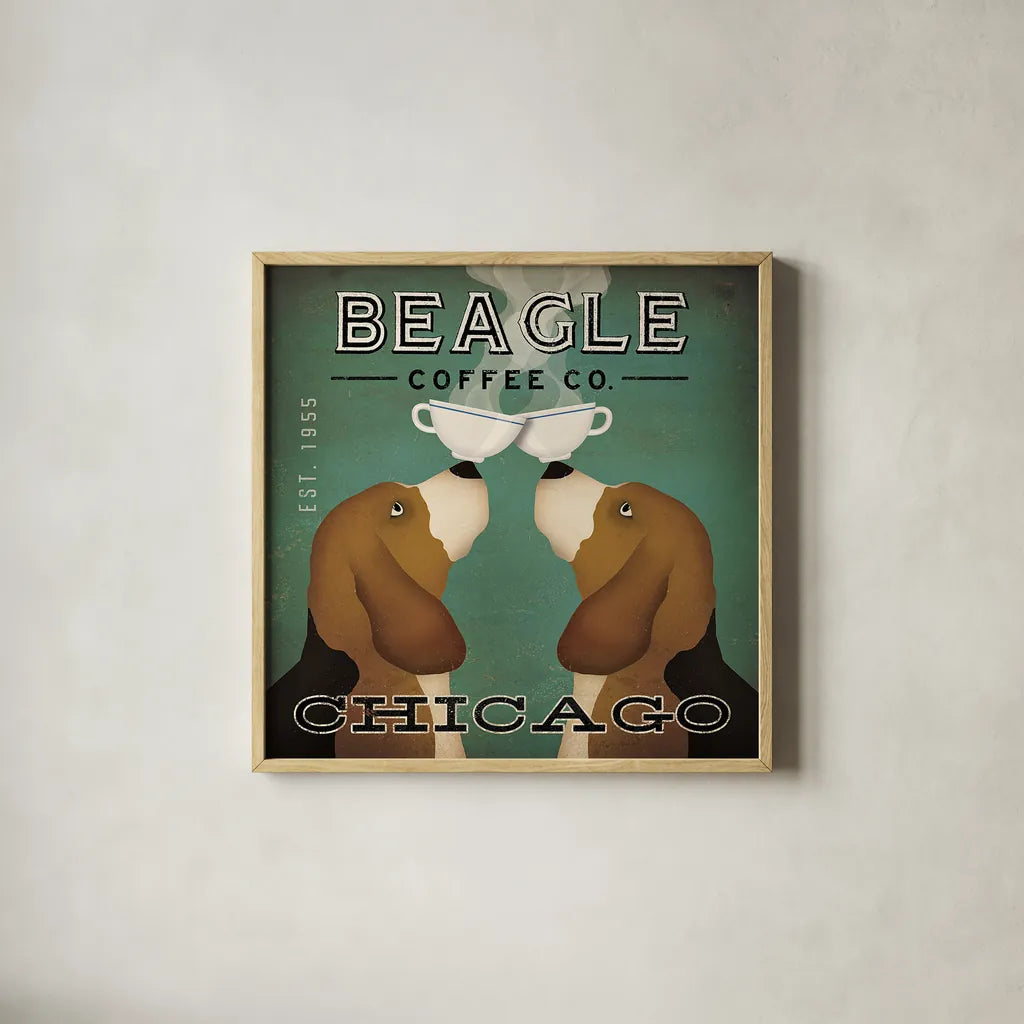 Beagle Coffee Co Chicago by Ryan Fowler. Shown in a natural wood glass frame for a timeless modern aesthetic. Available as an archival giclee rolled canvas, fine art paper, or poster print. SKU 16239a.