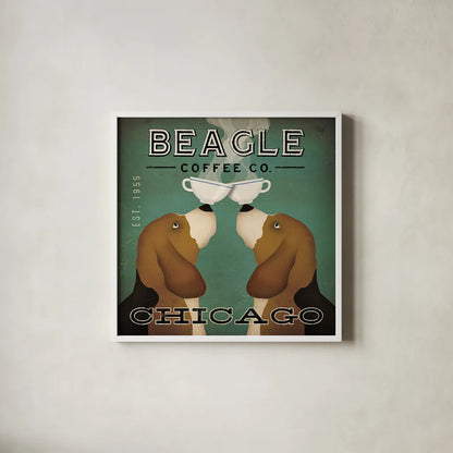 Beagle Coffee Co Chicago by Ryan Fowler. Shown in a crisp white glass frame for a clean and minimalist style. Available as an archival giclee rolled canvas, fine art paper, or poster print. SKU 16239a.