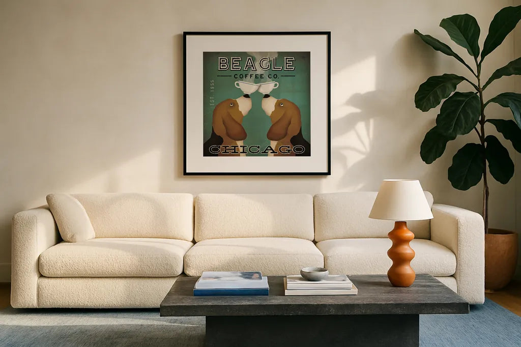 Beagle Coffee Co Chicago by Ryan Fowler. Displayed in a glass frame with matte in a clean modern living room. Available as an archival giclee rolled canvas, fine art paper, or poster print. SKU 16239a.