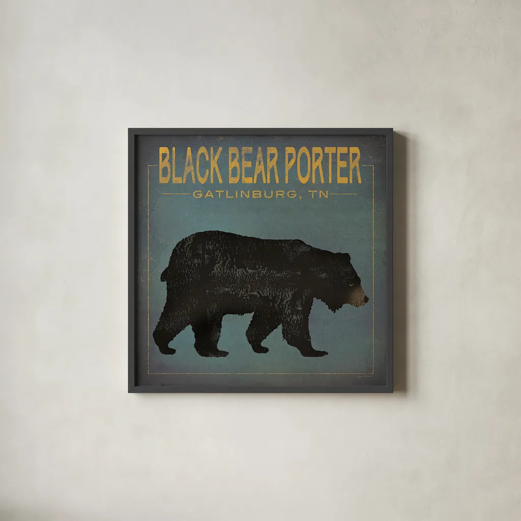 Black Bear Porter by Ryan Fowler. Shown in a sleek black glass frame for a contemporary gallery look. Available as an archival giclee rolled canvas, fine art paper, or poster print. SKU 30843a.