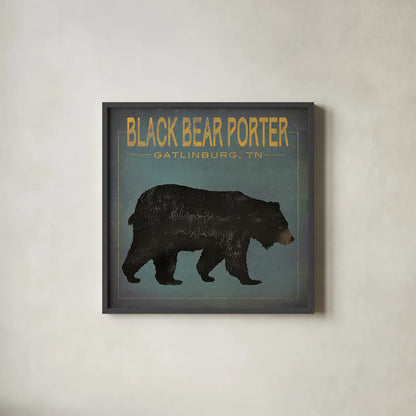 Black Bear Porter by Ryan Fowler. Shown in a sleek black glass frame for a contemporary gallery look. Available as an archival giclee rolled canvas, fine art paper, or poster print. SKU 30843a.