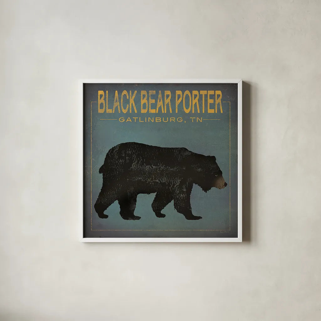 Black Bear Porter by Ryan Fowler. Shown in a crisp white glass frame for a clean and minimalist style. Available as an archival giclee rolled canvas, fine art paper, or poster print. SKU 30843a.