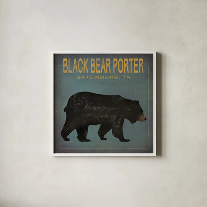 Black Bear Porter by Ryan Fowler. Shown in a crisp white glass frame for a clean and minimalist style. Available as an archival giclee rolled canvas, fine art paper, or poster print. SKU 30843a.