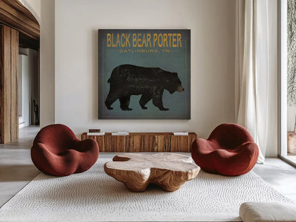 Black Bear Porter by Ryan Fowler. Shown as extra-large giant wall art in a modern living room. Available as an archival giclee rolled canvas, fine art paper, or poster print. SKU 30843a.