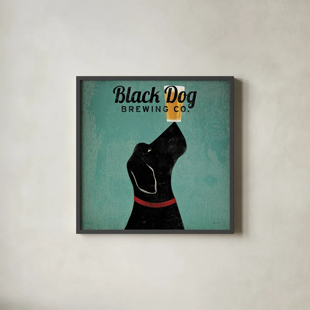 Black Dog Brewing Co Square by Ryan Fowler. Shown in a sleek black glass frame for a contemporary gallery look. Available as an archival giclee rolled canvas, fine art paper, or poster print. SKU 9815a.