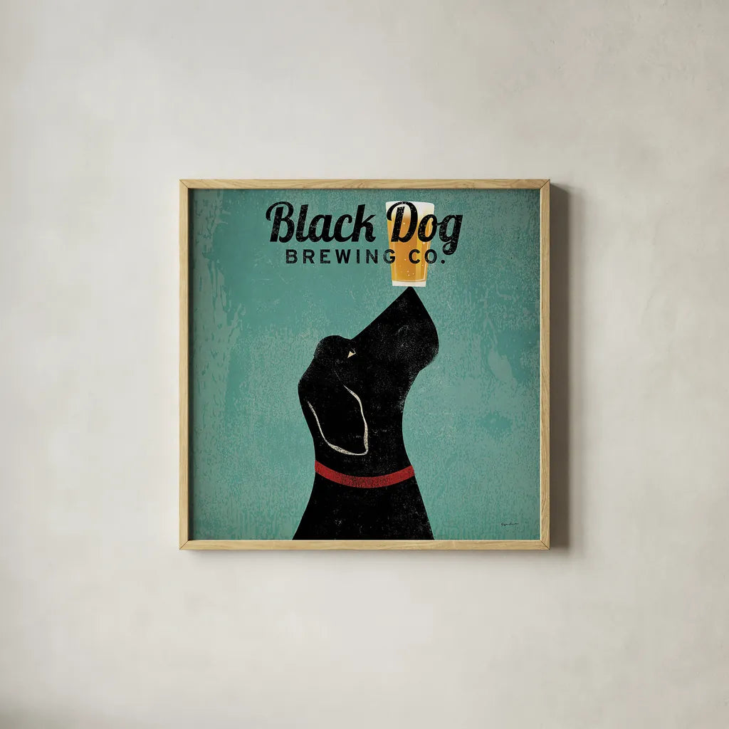 Black Dog Brewing Co Square by Ryan Fowler. Shown in a natural wood glass frame for a timeless modern aesthetic. Available as an archival giclee rolled canvas, fine art paper, or poster print. SKU 9815a.