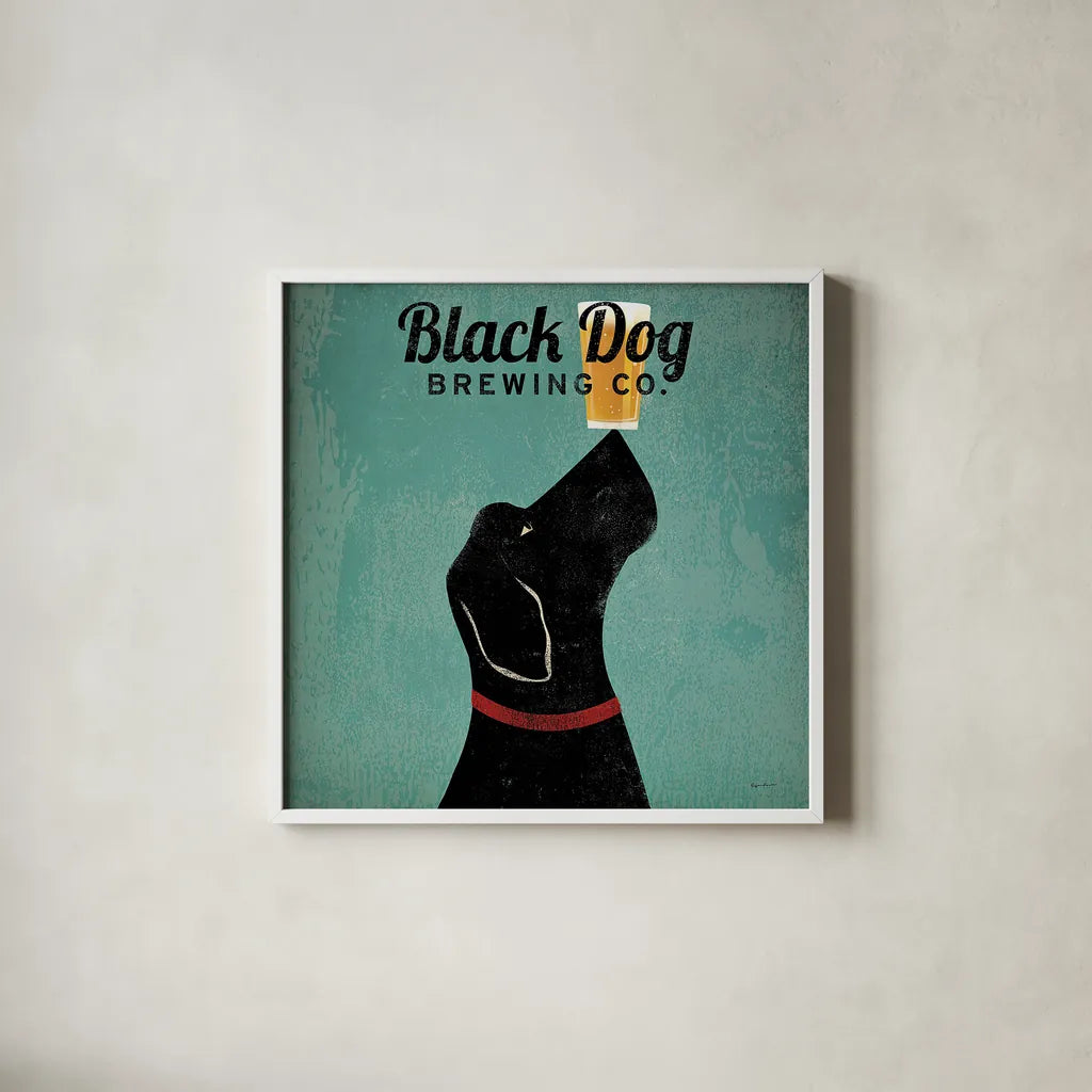 Black Dog Brewing Co Square by Ryan Fowler. Shown in a crisp white glass frame for a clean and minimalist style. Available as an archival giclee rolled canvas, fine art paper, or poster print. SKU 9815a.