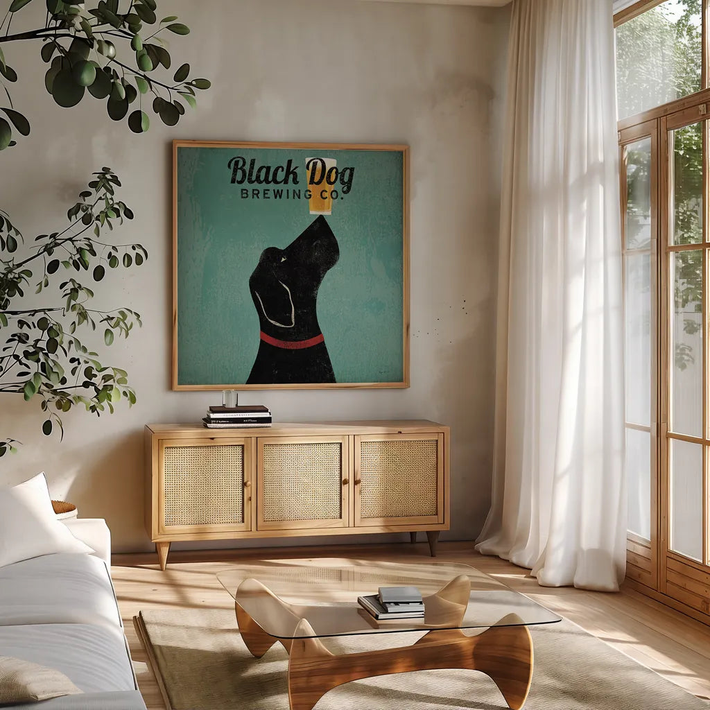 Black Dog Brewing Co Square by Ryan Fowler. Shown in a natural wood frame in a cozy modern living room. Available as an archival giclee rolled canvas, fine art paper, or poster print. SKU 9815a.