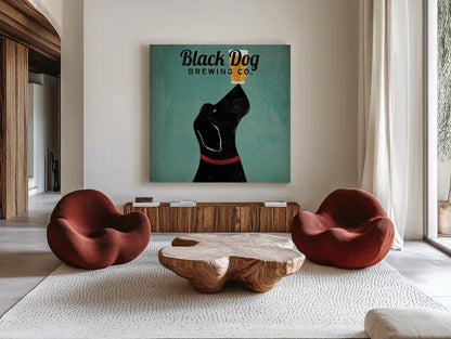 Black Dog Brewing Co Square by Ryan Fowler. Shown as extra-large giant wall art in a modern living room. Available as an archival giclee rolled canvas, fine art paper, or poster print. SKU 9815a.
