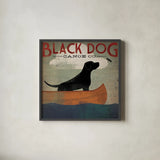 Black Dog Canoe by Ryan Fowler. Shown in a sleek black glass frame for a contemporary gallery look. Available as an archival giclee rolled canvas, fine art paper, or poster print. SKU 12501a.