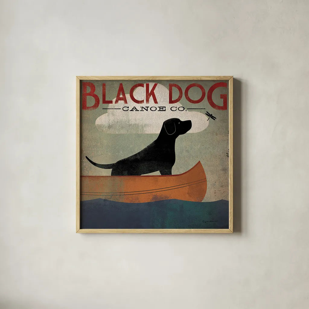 Black Dog Canoe by Ryan Fowler. Shown in a natural wood glass frame for a timeless modern aesthetic. Available as an archival giclee rolled canvas, fine art paper, or poster print. SKU 12501a.