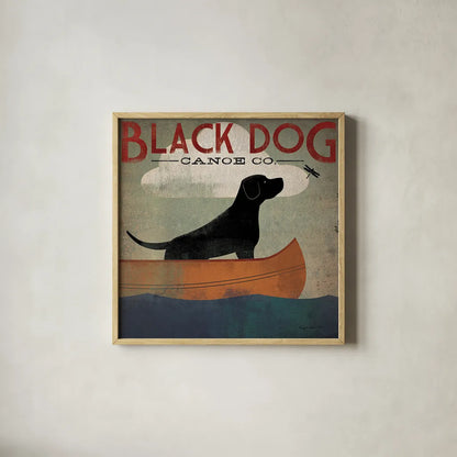 Black Dog Canoe by Ryan Fowler. Shown in a natural wood glass frame for a timeless modern aesthetic. Available as an archival giclee rolled canvas, fine art paper, or poster print. SKU 12501a.