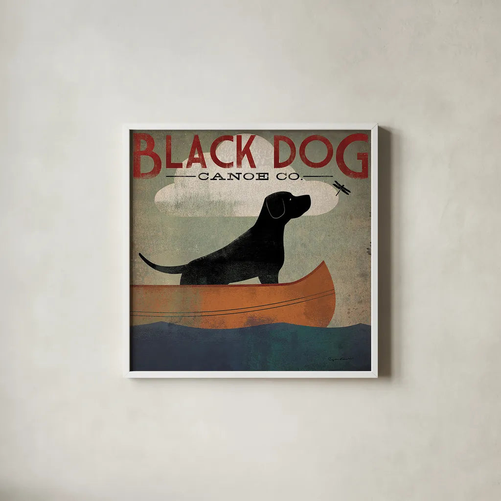 Black Dog Canoe by Ryan Fowler. Shown in a crisp white glass frame for a clean and minimalist style. Available as an archival giclee rolled canvas, fine art paper, or poster print. SKU 12501a.
