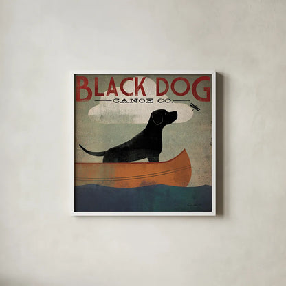 Black Dog Canoe by Ryan Fowler. Shown in a crisp white glass frame for a clean and minimalist style. Available as an archival giclee rolled canvas, fine art paper, or poster print. SKU 12501a.
