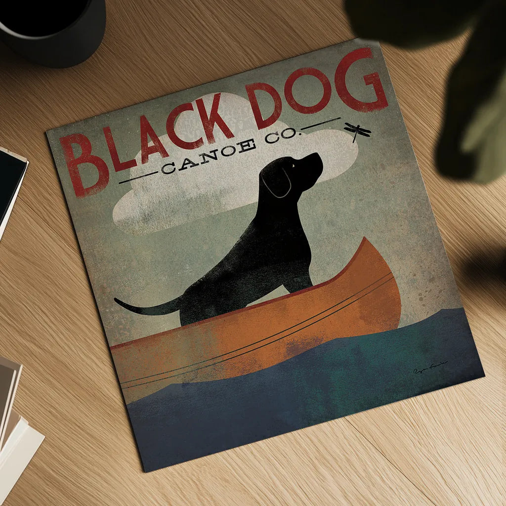 Black Dog Canoe by Ryan Fowler. Shown as a detailed flat fine art print, highlighting archival giclee quality. Available as an archival giclee rolled canvas, fine art paper, or poster print. SKU 13207a.