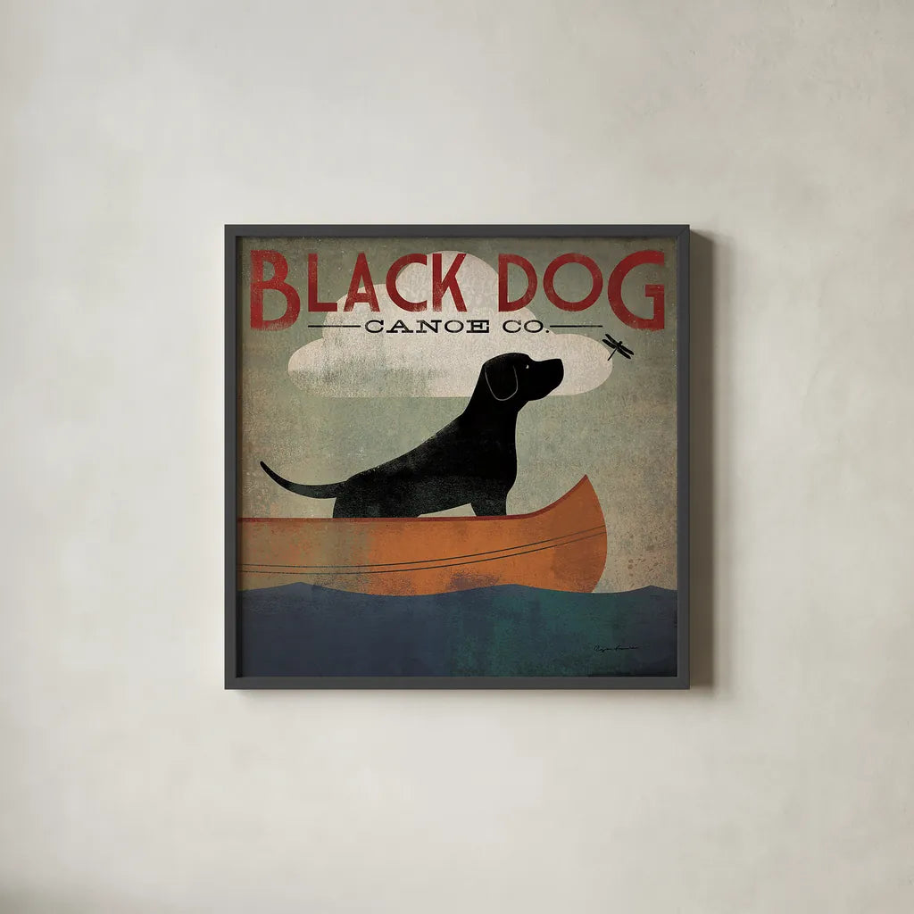 Black Dog Canoe by Ryan Fowler. Shown in a sleek black glass frame for a contemporary gallery look. Available as an archival giclee rolled canvas, fine art paper, or poster print. SKU 13207a.