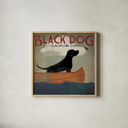 Black Dog Canoe by Ryan Fowler. Shown in a natural wood glass frame for a timeless modern aesthetic. Available as an archival giclee rolled canvas, fine art paper, or poster print. SKU 13207a.