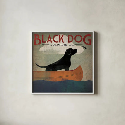 Black Dog Canoe by Ryan Fowler. Shown in a crisp white glass frame for a clean and minimalist style. Available as an archival giclee rolled canvas, fine art paper, or poster print. SKU 13207a.