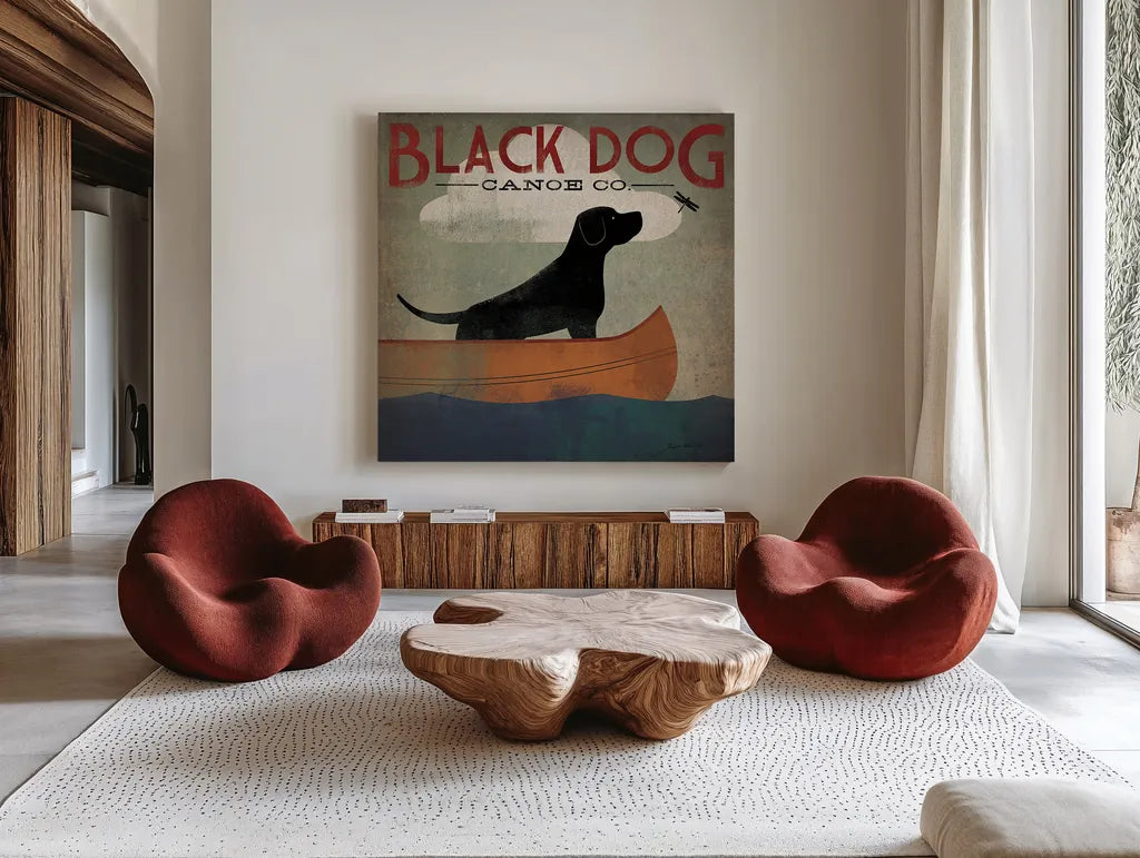 Black Dog Canoe by Ryan Fowler. Shown as extra-large giant wall art in a modern living room. Available as an archival giclee rolled canvas, fine art paper, or poster print. SKU 13207a.